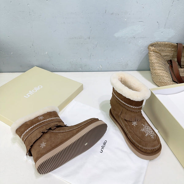 UNFOLIO 26SS Snow Ankel Boots Brown in Lambswool and Cow Suede 629522