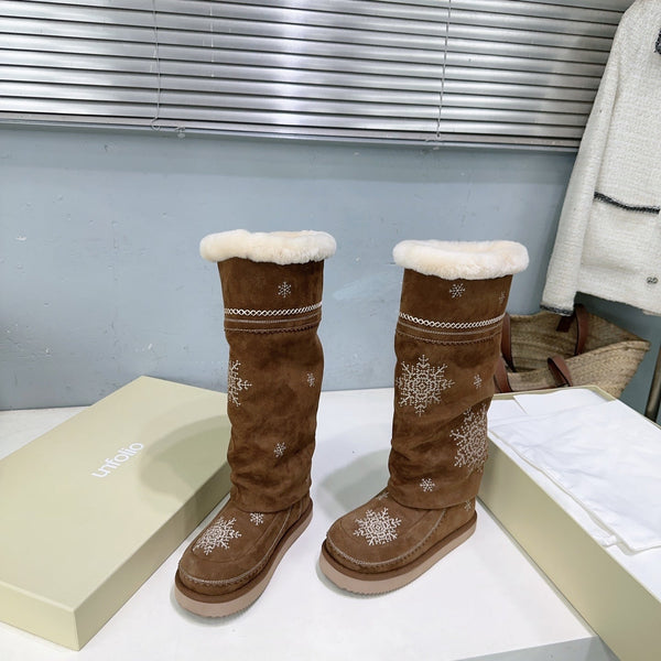 UNFOLIO 26SS Snow High Boots Brown in Lambswool and Cow Suede 629524