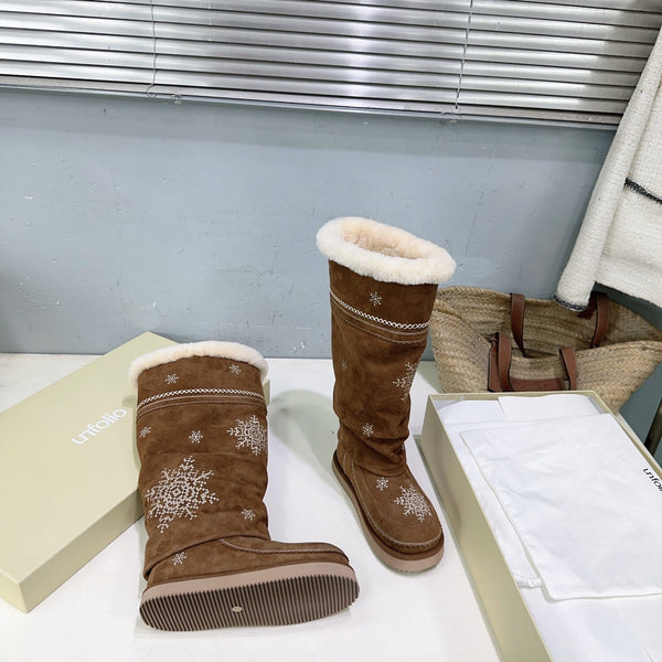 UNFOLIO 26SS Snow High Boots Brown in Lambswool and Cow Suede 629524