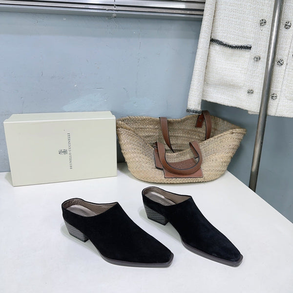 BRUNELLO CUCINELLI 26 Mules à talon épais et bout fermé Noir en suède de vache 629527
