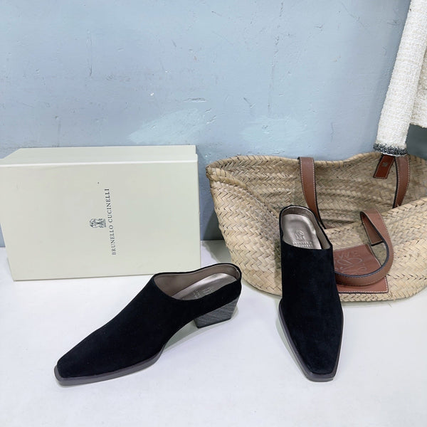 BRUNELLO CUCINELLI 26 Mules à talon épais et bout fermé Noir en suède de vache 629527