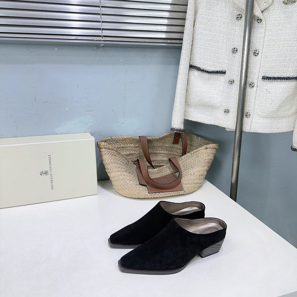 BRUNELLO CUCINELLI 26 Mules à talon épais et bout fermé Noir en suède de vache 629527