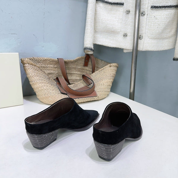 BRUNELLO CUCINELLI 26 Mules à talon épais et bout fermé Noir en suède de vache 629527