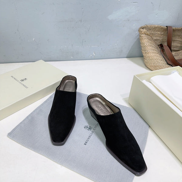 BRUNELLO CUCINELLI 26 Mules à talon épais et bout fermé Noir en suède de vache 629527