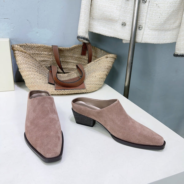 BRUNELLO CUCINELLI 26 Closed-Toe Chunky Heel Mules Pink in Cow Suede 629529