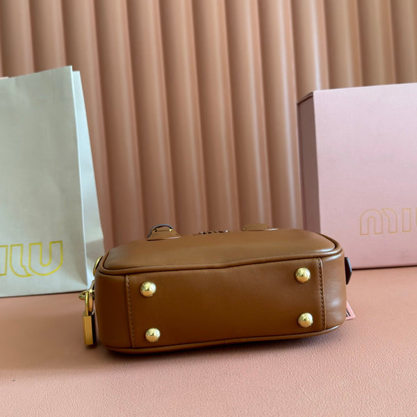 Miu Arcadie Small 19cm Bowling Handbag Camel Cowhide 280990