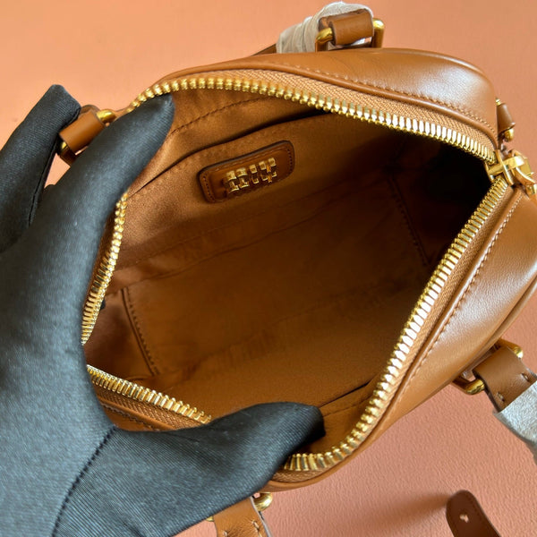 Miu Arcadie Small 19cm Bowling Handbag Camel Cowhide 280990
