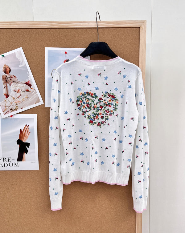 CD 26 Bird and Rose Embroidered Round Neck Tencel Knit White Cardigan