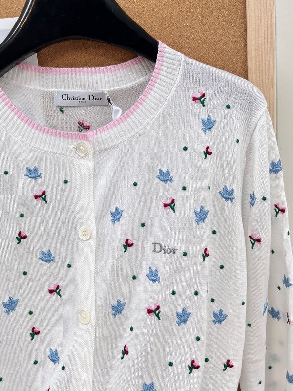 CD 26 Bird and Rose Embroidered Round Neck Tencel Knit White Cardigan