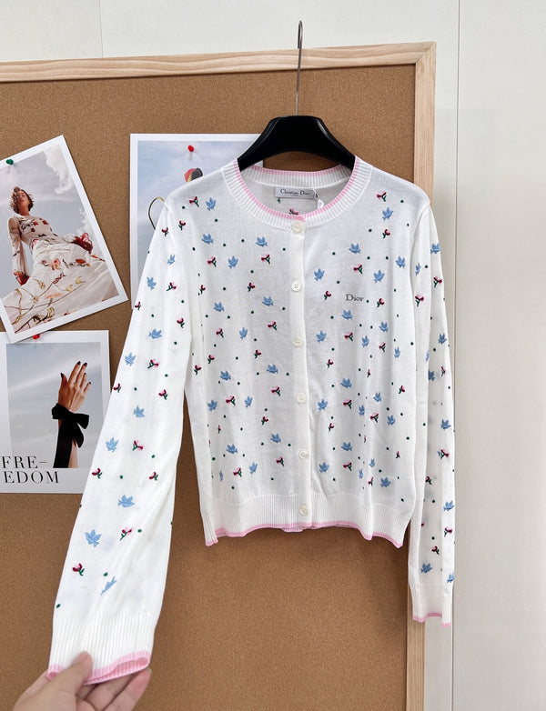 CD 26 Bird and Rose Embroidered Round Neck Tencel Knit White Cardigan
