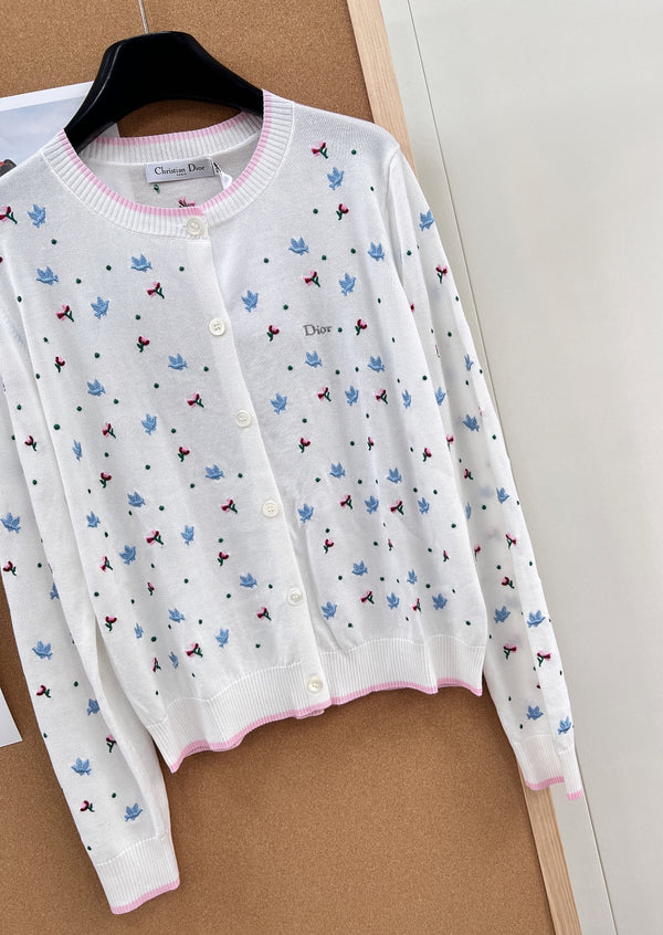 CD 26 Bird and Rose Embroidered Round Neck Tencel Knit White Cardigan
