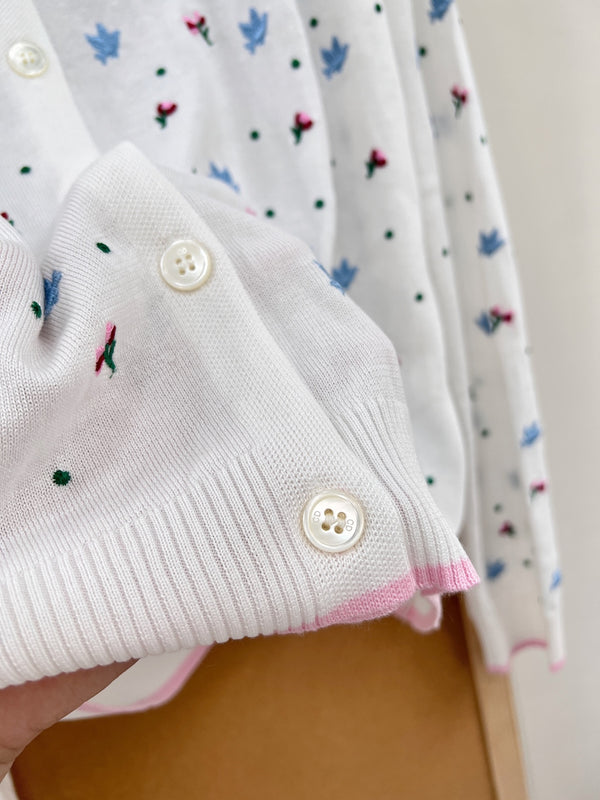 CD 26 Bird and Rose Embroidered Round Neck Tencel Knit White Cardigan