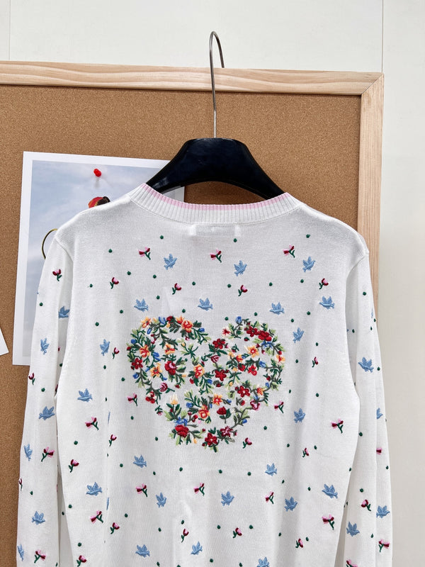 CD 26 Bird and Rose Embroidered Round Neck Tencel Knit White Cardigan