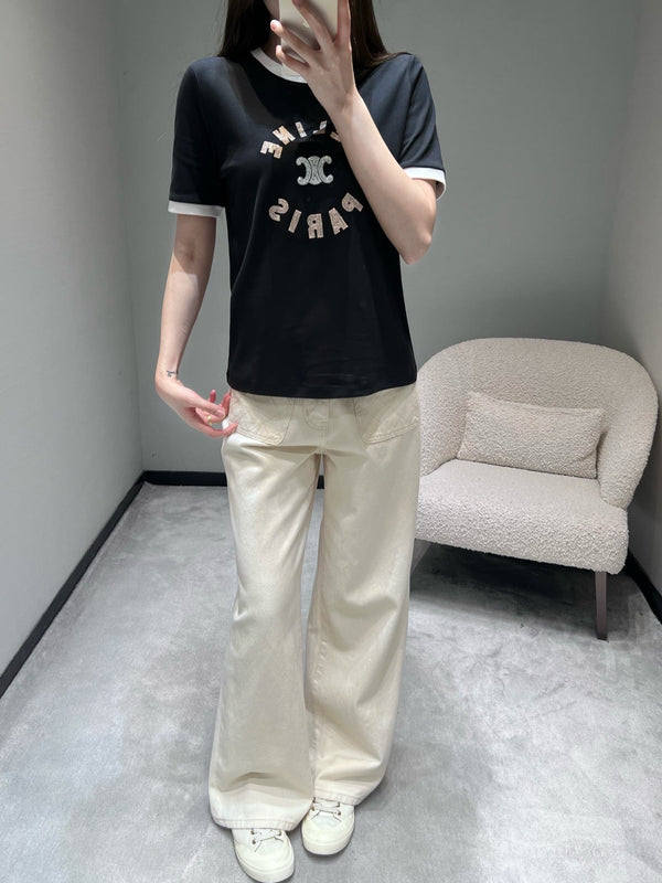 Celine 26SS Color-blocked Neck T-shirt Black in Cotton 898939
