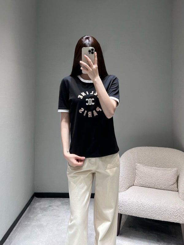 Celine 26SS Color-blocked Neck T-shirt Black in Cotton 898939