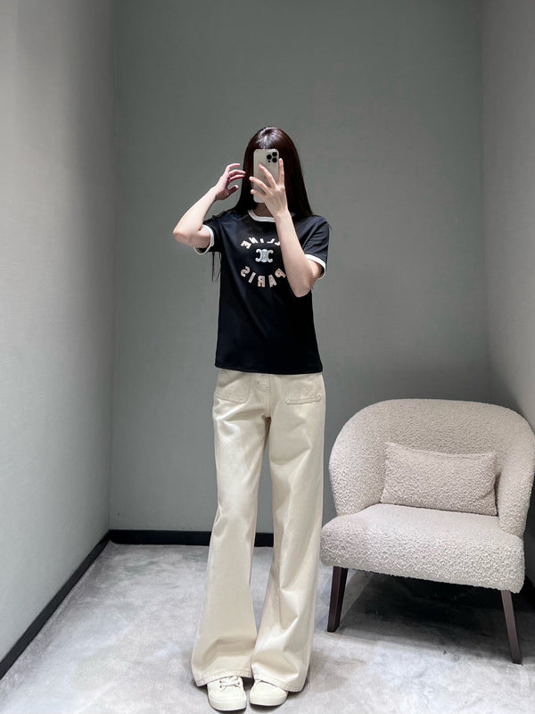 Celine 26SS Color-blocked Neck T-shirt Black in Cotton 898939