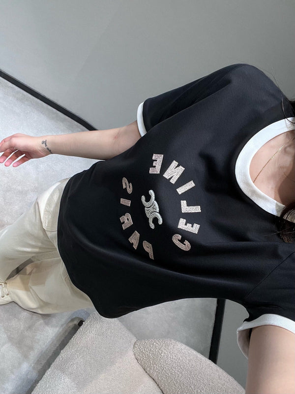 Celine 26SS Color-blocked Neck T-shirt Black in Cotton 898939