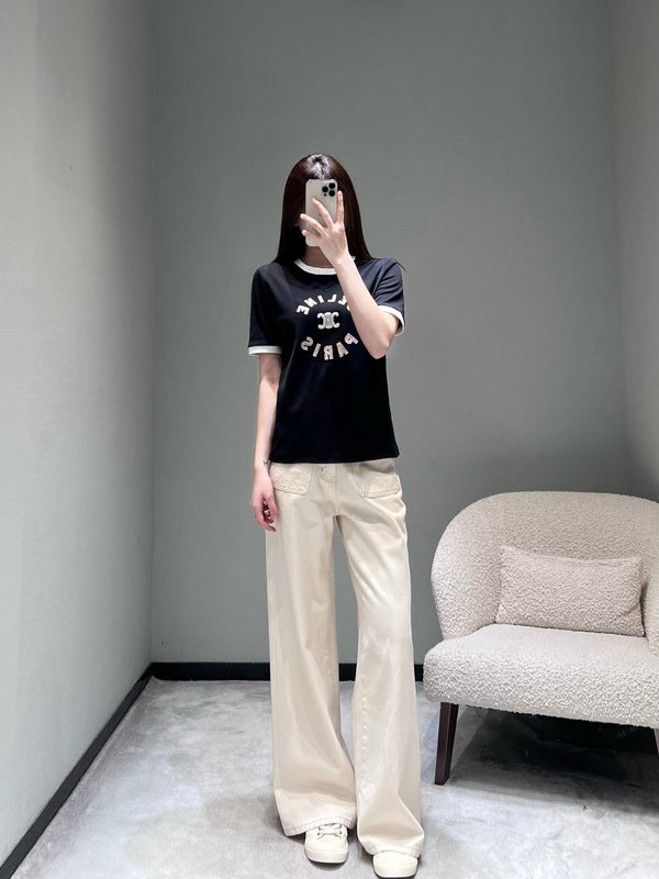 Celine 26SS Color-blocked Neck T-shirt Black in Cotton 898939