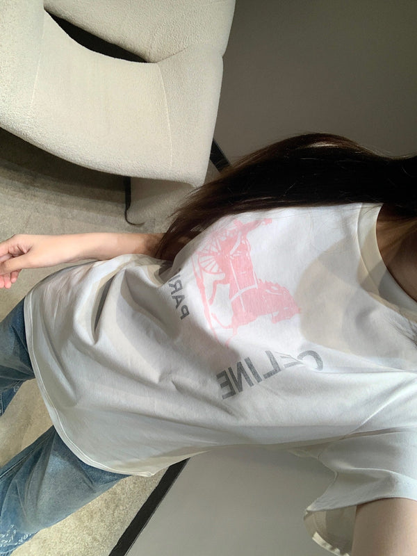 T-shirt col rond à manches courtes imprimé calèche Celine Printemps/Été 2026 en coton blanc 839795