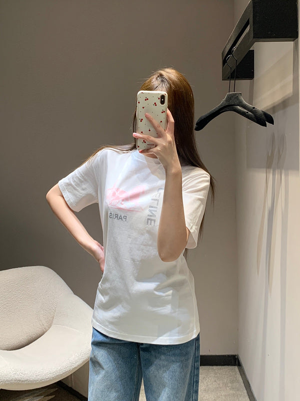 T-shirt col rond à manches courtes imprimé calèche Celine Printemps/Été 2026 en coton blanc 839795