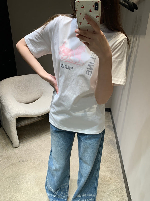 T-shirt col rond à manches courtes imprimé calèche Celine Printemps/Été 2026 en coton blanc 839795