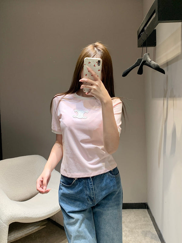 T-shirt à manches courtes Céline 26SS col rond rose en coton 813204