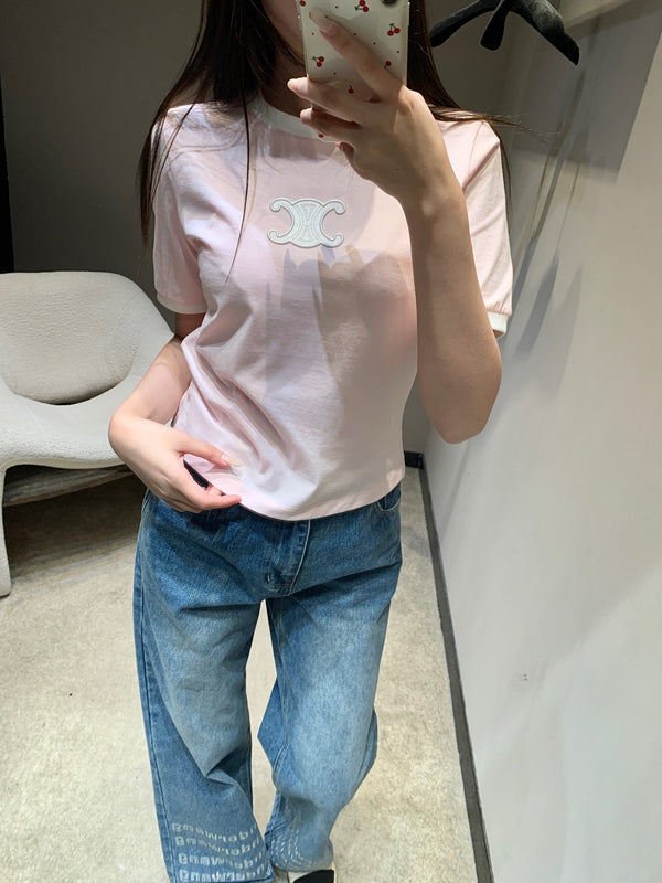 T-shirt à manches courtes Céline 26SS col rond rose en coton 813204