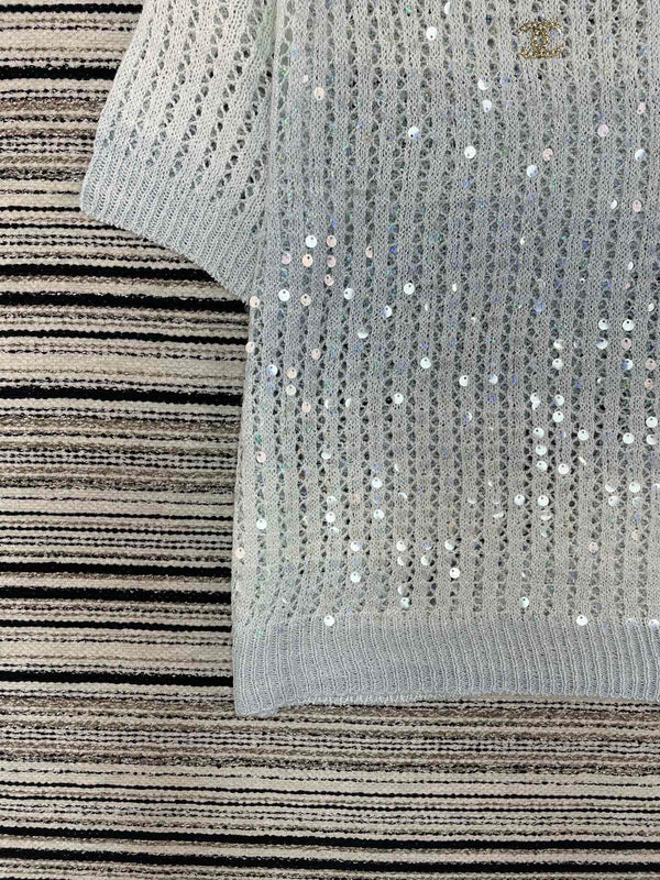 Chanel Tricot Manches Courtes Bleu en Laine 133528