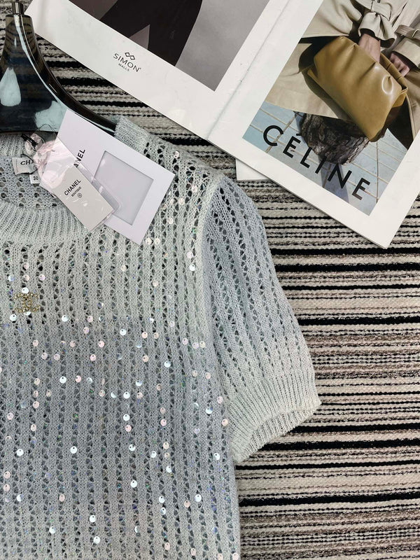 Chanel Tricot Manches Courtes Bleu en Laine 133528