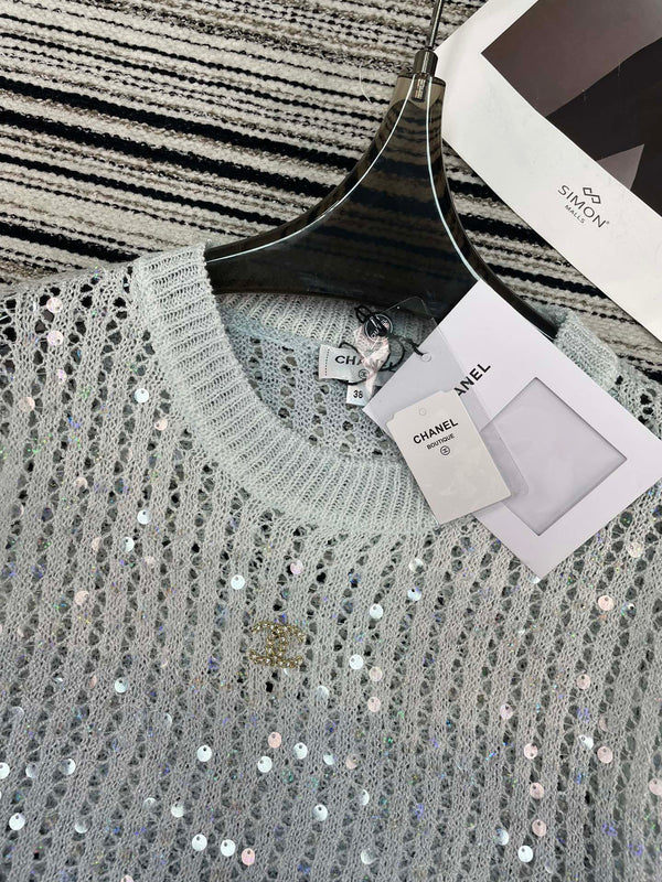 Chanel Tricot Manches Courtes Bleu en Laine 133528