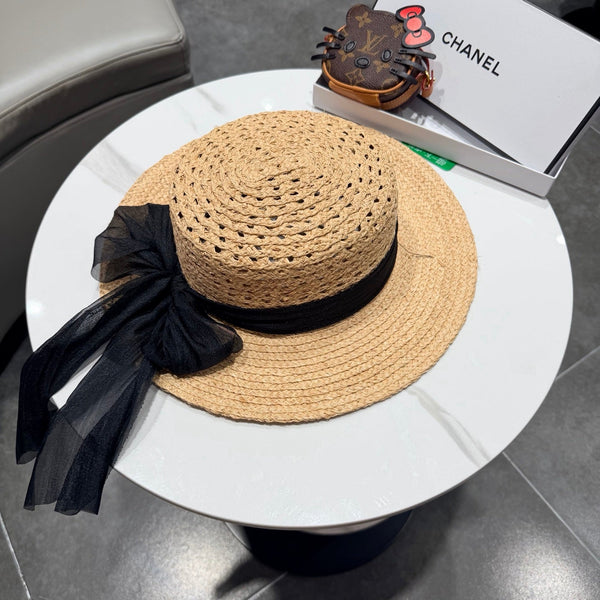 Chapeau de paille Chanel Beige Jaune Noir en Raffia 192106