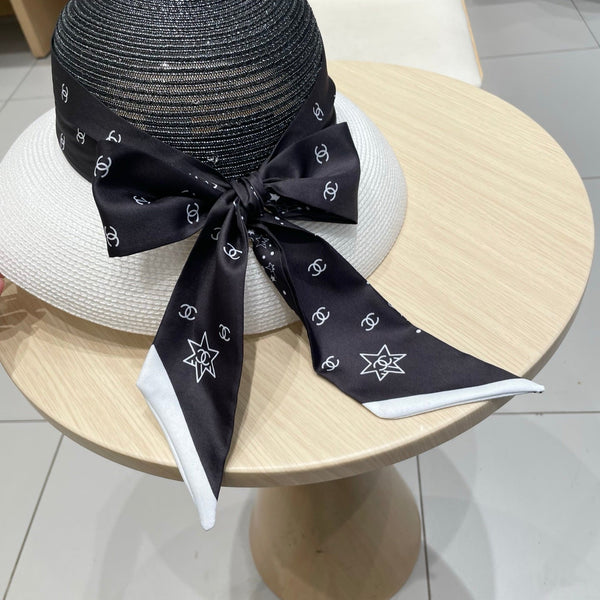 Chanel Straw White Black Hat with a Black Silk Ribbon 192277