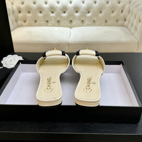 Chanel 26C Double C Buckle Square Toe Slippers Cream Black in Lambskin 673029