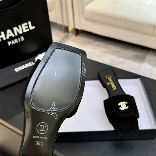 Chanel 26C Double C Buckle Square Toe Slippers Black in Suede 673024