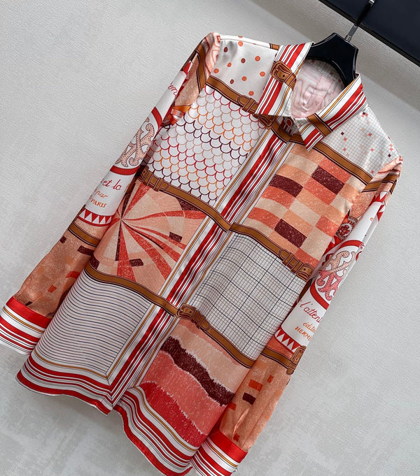 Hermes 26 Printed Long-Sleeve Shirt Orange in Mulberry Silk 137390
