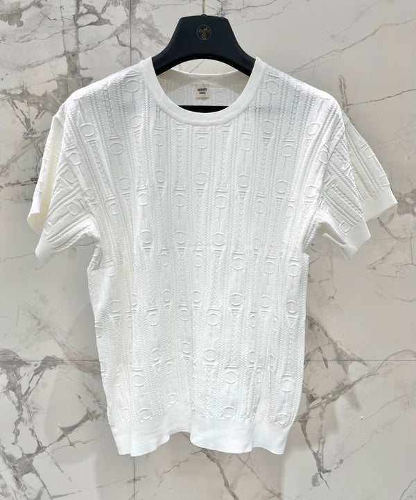 T-shirt Hermès en maille imprimée à manches courtes, blanc, en soie Hyperbolic 122649