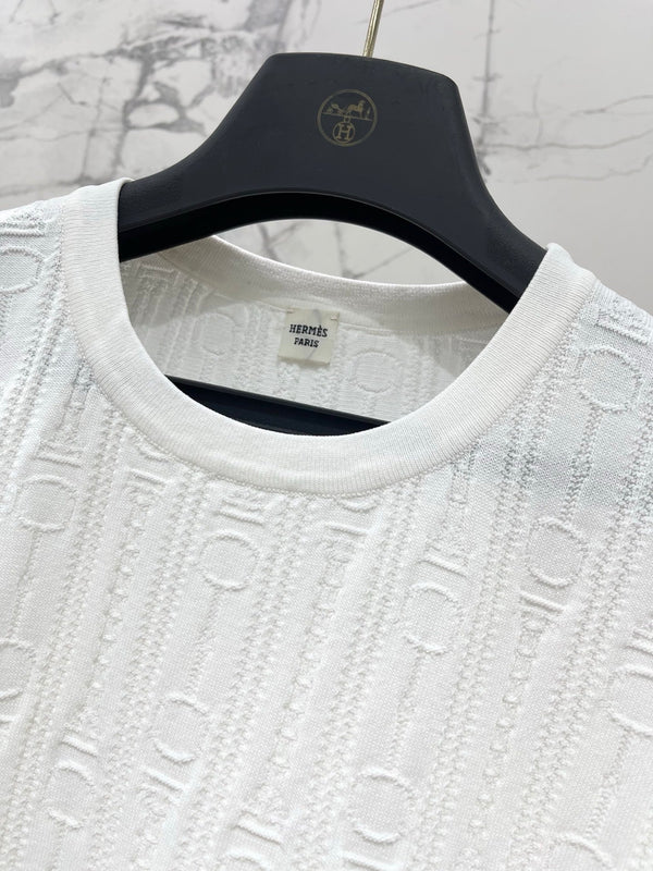 T-shirt Hermès en maille imprimée à manches courtes, blanc, en soie Hyperbolic 122649