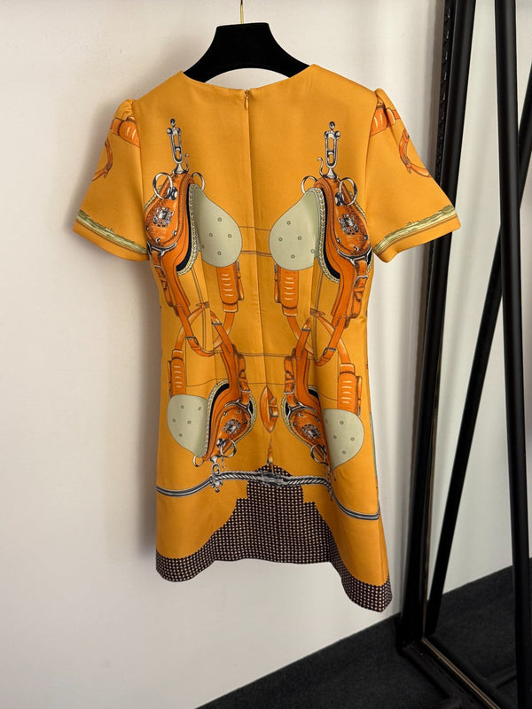 Hermes 26 Beaded Horse and Carriage Print Short-Sleeve Dress in Cotton 948659