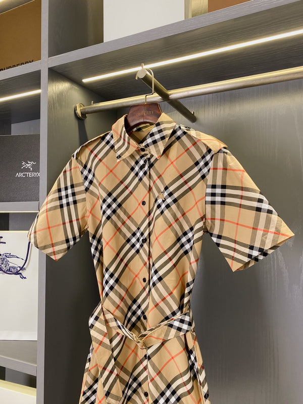Burberry Short-sleeved Shirt Dress Beige Yellow in Twill Cotton 169205