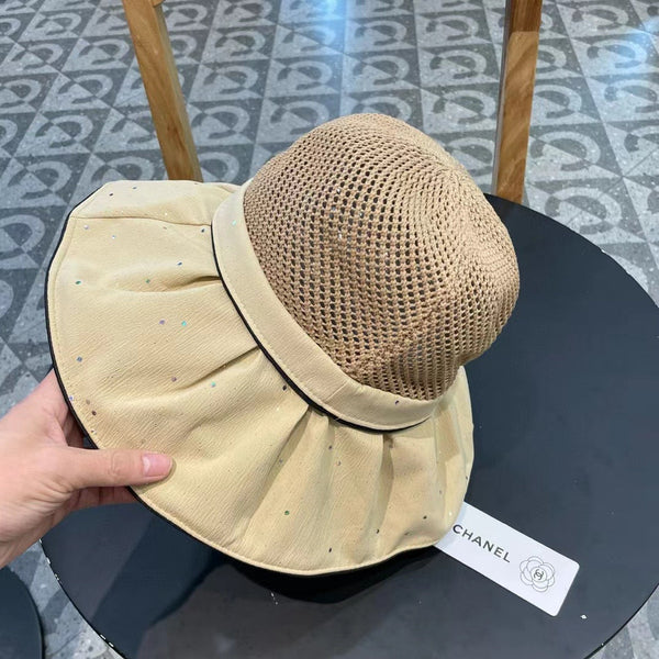 Chanel Wide-brimmed Bow Sun Hat Beige in Fabric Patchwork Mesh 197785