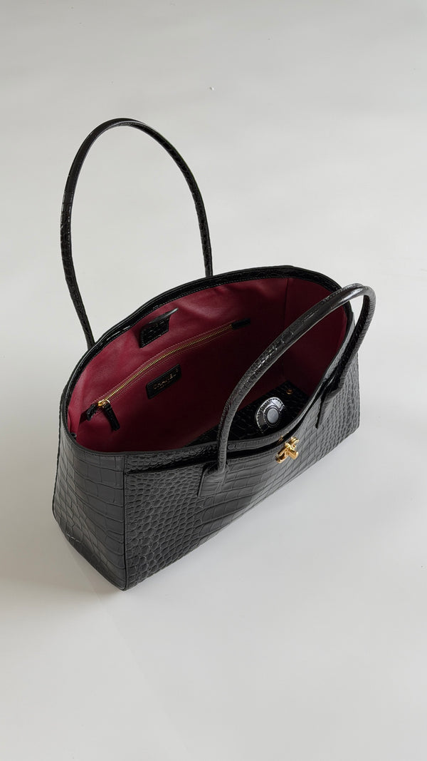 CC 26S Cerf Classic Commuter Tote Bag in Black Crocodile-Embossed Calfskin (made - to - order)