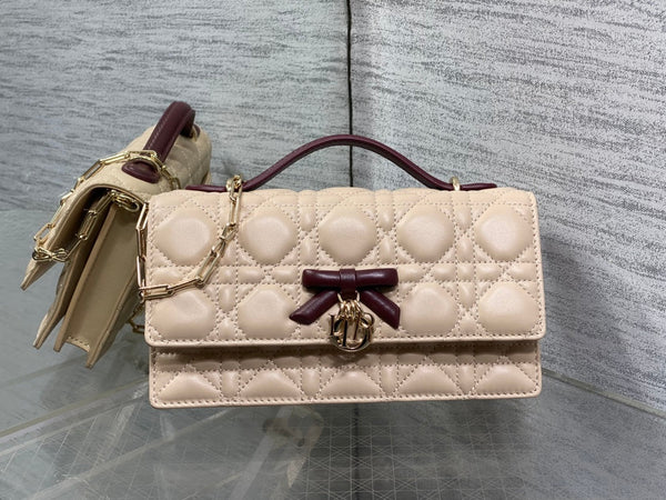 Dior 26 Bow Pearl Chain Clutch Two Tone Beige Burgundy Lambskin GHW