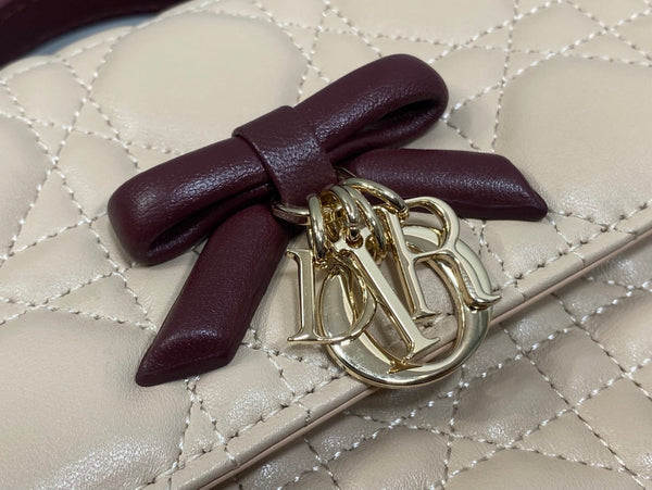 Dior 26 Bow Pearl Chain Clutch Two Tone Beige Burgundy Lambskin GHW