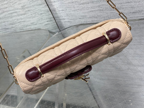 Dior 26 Bow Pearl Chain Clutch Two Tone Beige Burgundy Lambskin GHW