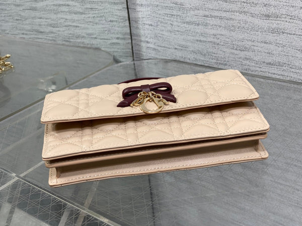 Dior 26 Bow Pearl Chain Clutch Two Tone Beige Burgundy Lambskin GHW
