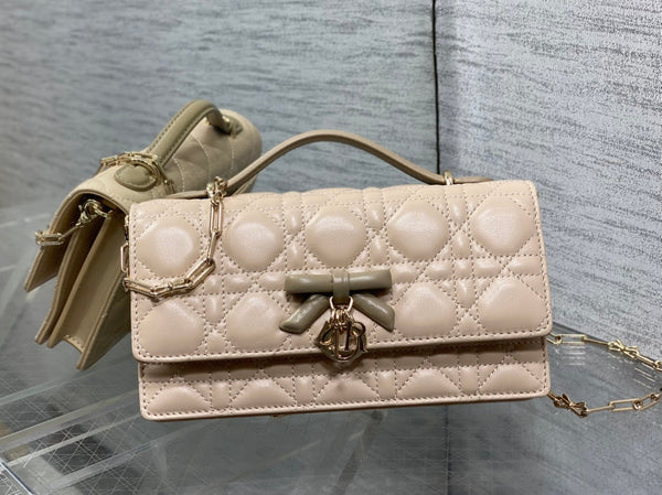 Dior 26 Bow Pearl Chain Clutch Two Tone Beige Army Green Lambskin GHW