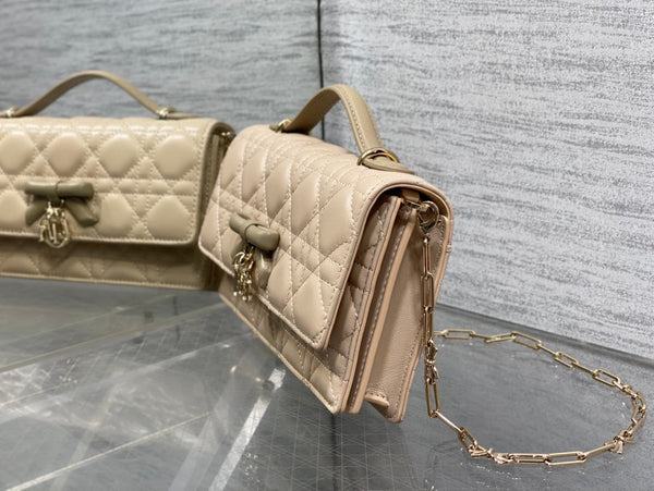 Dior 26 Bow Pearl Chain Clutch Two Tone Beige Army Green Lambskin GHW