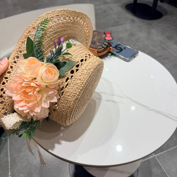 Chanel Chapeau de paille beige et rose, ajouré floral 3D, style français 201518