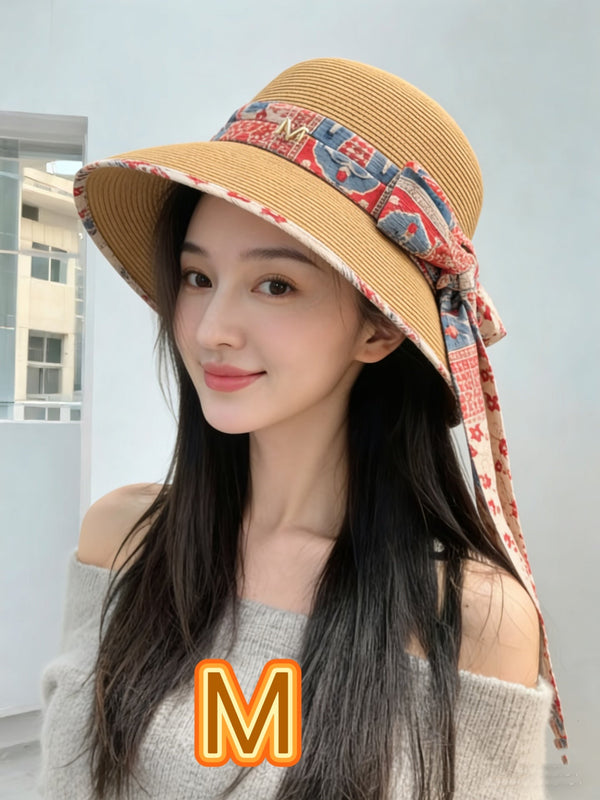 Chapeau Chanel à nœud ruban Camel en paille 205601