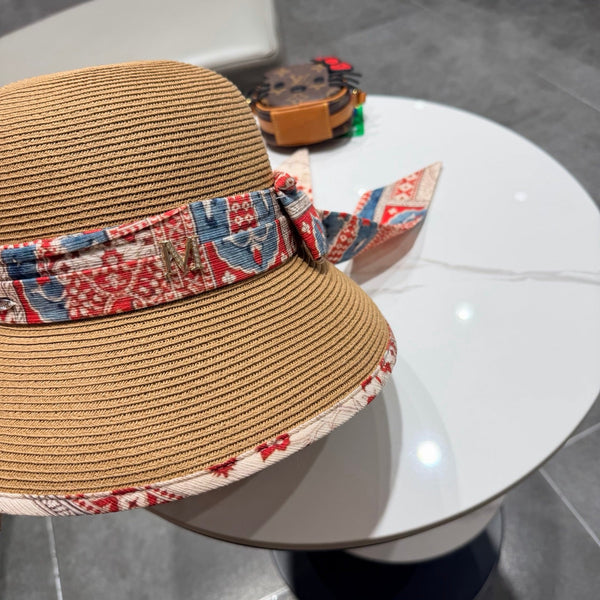 Chapeau Chanel à nœud ruban Camel en paille 205601